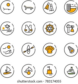 line vector icon set - lounger vector, flippers, hotel, palm, life vest, hand wheel, ship bell, waves, kayak, shell, windsurfing, dolphin, sand castle, toy boat