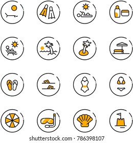 line vector icon set - lounger vector, flippers, reading, uv cream, beach, palm, inflatable pool, flip flops, swimsuit, parasol, diving, shell, sand castle