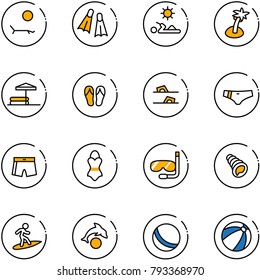 line vector icon set - lounger vector, flippers, reading, palm, inflatable pool, flip flops, swimsuit, diving, shell, surfing, dolphin, ball, beach