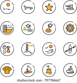line vector icon set - lounger vector, starfish, pool, hotel, palm, hand wheel, ship bell, lighthouse, waves, kayak, shell, windsurfing, sand castle, toy boat