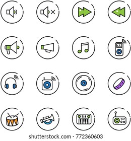 line vector icon set - low volume vector, off, fast forward, backward, loudspeaker, music, player, wireless headphones, speaker, cd, tambourine, drum, horn toy, piano, radio