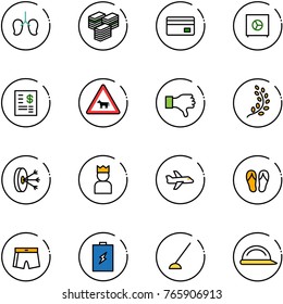 line vector icon set - lungs vector, big cash, credit card, safe, account statement, cow road sign, dislike, golden branch, solution, king, plane, flip flops, swimsuit, battery, hoe