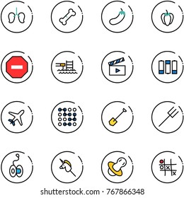 Line Vector Icon Set - Lungs Vector, Broken Bone, Eggplant, Sweet Pepper, No Way Road Sign, Pool, Movie Flap, Battery, Plane, Circuit, Shovel, Farm Fork, Yoyo, Toy Unicorn Stick, Soother