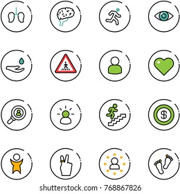 line vector icon set - lungs vector, brain, run, eye, drop hand, pedestrian road sign, user, heart, head hunter, idea, career, dollar, success, victory, star man, feet