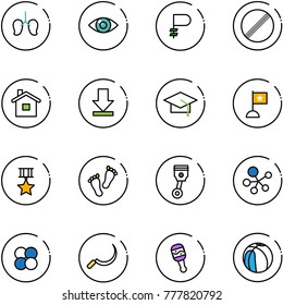 line vector icon set - lungs vector, eye, ruble, no limit road sign, home, download, graduate hat, flag, star medal, feet, piston, molecule, atom core, sickle, beanbag, basketball