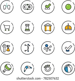 line vector icon set - lungs vector, euro dollar, check, record, cart, chess tower, pennant, crown, ship bell, bezier, molecule, beanbag, boomerang, basketball