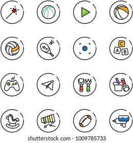 line vector icon set - Magic wand vector, basketball ball, play, volleyball, badminton, record button, abc cube, joystick, paper plane, shovel fork toy, bucket, rocking horse, xylophone, football