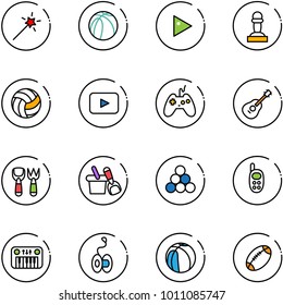 line vector icon set - Magic wand vector, basketball ball, play, pawn, volleyball, playback, joystick, guitar, shovel fork toy, bucket, billiards balls, phone, piano, yoyo, football