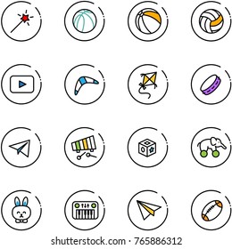 line vector icon set - Magic wand vector, basketball ball, volleyball, playback, boomerang, kite, tambourine, paper plane, xylophone, cube toy, elephant wheel, rabbit, piano, football