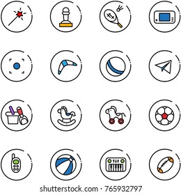 line vector icon set - Magic wand vector, pawn, badminton, game console, record button, boomerang, ball, paper plane, shovel bucket, rocking horse, wheel, soccer, phone toy, beach, piano, football