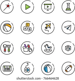 line vector icon set - Magic wand vector, play, presentation board, chess queen, ball, abc cube, kite, paper plane, shovel fork toy, bucket, rocking horse, piano, yoyo, basketball, football