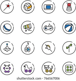 line vector icon set - Magic wand vector, volleyball, game console, pyramid toy, ball, xylophone, gamepad, beach, wirligig, yoyo, unicorn stick, windmill, monster, duck, cat, cube hole