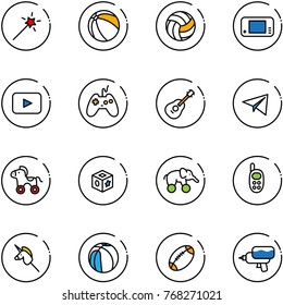line vector icon set - Magic wand vector, ball, volleyball, game console, playback, joystick, guitar, paper plane, wheel horse, cube toy, elephant, phone, unicorn stick, basketball, football
