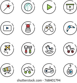 line vector icon set - Magic wand vector, basketball ball, play, presentation board, playback, pyramid toy, joystick, boomerang, kite, shovel fork, rocking horse, wheel, xylophone, elephant, gamepad