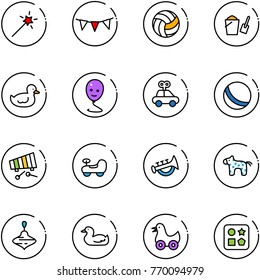 line vector icon set - Magic wand vector, flag garland, volleyball, bucket scoop, duck toy, balloon smile, car, ball, xylophone, baby, horn, horse, wirligig, cube hole