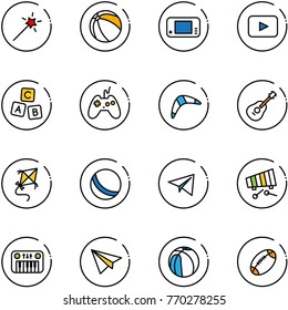 line vector icon set - Magic wand vector, ball, game console, playback, abc cube, joystick, boomerang, guitar, kite, paper plane, xylophone, toy piano, basketball, football