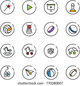line vector icon set - Magic wand vector, play, presentation board, pawn, volleyball, pyramid toy, tambourine, ball, rocking horse, wheel, cube, elephant, yoyo, paper plane, basketball, football