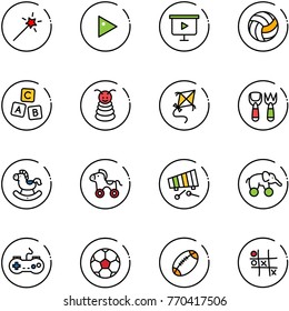 line vector icon set - Magic wand vector, play, presentation board, volleyball, abc cube, pyramid toy, kite, shovel fork, rocking horse, wheel, xylophone, elephant, gamepad, soccer ball, football