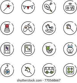 line vector icon set - Magic wand vector, flag garland, badminton, joystick wireless, pyramid toy, rocking horse, stick, game console, caterpillar, rabbit, yoyo, unicorn, bus, cube hole