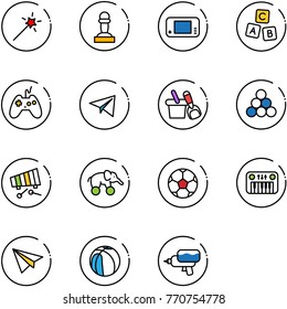 line vector icon set - Magic wand vector, pawn, game console, abc cube, joystick, paper plane, shovel bucket, billiards balls, xylophone, elephant wheel, soccer ball, toy piano, basketball