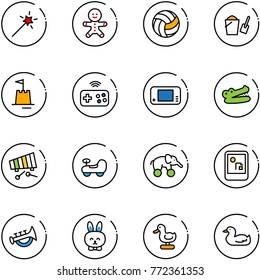 line vector icon set - Magic wand vector, cake man, volleyball, bucket scoop, sand castle, joystick wireless, game console, crocodile, xylophone, baby car, elephant wheel, horn toy, rabbit, duck