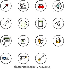 line vector icon set - Magic wand vector, turkey, rowanberry, heart gear, broken bone, refresh cloud, calculator, paper fly, presentation, green tea, flip flops, beer, projector, drill machine