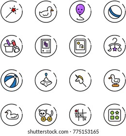 line vector icon set - Magic wand vector, duck toy, balloon smile, ball, shovel bucket, game console, baby carousel, beach, wirligig, unicorn stick, cat, Tic tac toe, cube hole