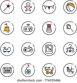 line vector icon set - Magic wand vector, cake man, flag garland, ball, sand castle, joystick wireless, pyramid toy, horse stick, baby car, gamepad, game console, carousel, piano, yoyo, cat