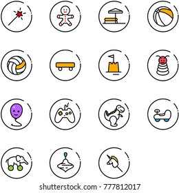 line vector icon set - Magic wand vector, cake man, inflatable pool, ball, volleyball, skateboard, sand castle, pyramid toy, balloon smile, joystick, dinosaur, baby car, elephant wheel, wirligig