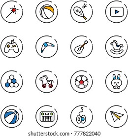 line vector icon set - Magic wand vector, ball, badminton, playback, joystick, boomerang, guitar, rocking horse, billiards balls, wheel, soccer, toy rabbit, beach, piano, yoyo, paper plane