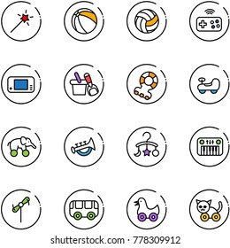 line vector icon set - Magic wand vector, ball, volleyball, joystick wireless, game console, shovel bucket, teethers, baby car, elephant wheel, horn toy, carousel, piano, windmill, bus, duck, cat