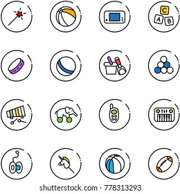 line vector icon set - Magic wand vector, ball, game console, abc cube, tambourine, shovel bucket, billiards balls, xylophone, elephant wheel, phone toy, piano, yoyo, unicorn stick, basketball