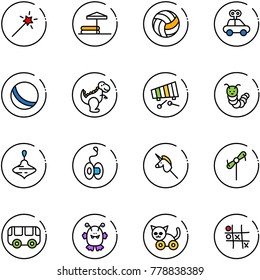line vector icon set - Magic wand vector, inflatable pool, volleyball, car toy, ball, dinosaur, xylophone, caterpillar, wirligig, yoyo, unicorn stick, windmill, bus, monster, cat, Tic tac toe