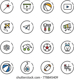 line vector icon set - Magic wand vector, presentation board, ball, playback, kite, paper plane, shovel fork toy, xylophone, cube, elephant wheel, soccer, rabbit, beach, yoyo, football, Tic tac toe