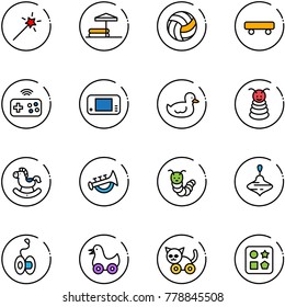 line vector icon set - Magic wand vector, inflatable pool, volleyball, skateboard, joystick wireless, game console, duck toy, pyramid, rocking horse, horn, caterpillar, wirligig, yoyo, cat