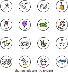 line vector icon set - Magic wand vector, badminton, bucket scoop, sand castle, pyramid toy, balloon smile, crocodile, teethers, xylophone, gamepad, caterpillar, wirligig, bus, duck, monster