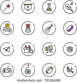 line vector icon set - Magic wand vector, presentation board, chess queen, badminton, abc cube, pyramid toy, guitar, tambourine, paper plane, shovel bucket, xylophone, gamepad, yoyo, football