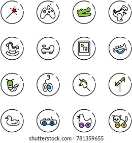 line vector icon set - Magic wand vector, joystick, crocodile, dinosaur toy, rocking horse, baby car, game console, horn, caterpillar, yoyo, unicorn stick, windmill, duck, cat