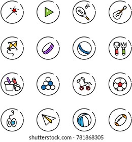 line vector icon set - Magic wand vector, play, badminton, guitar, kite, tambourine, ball, shovel fork toy, bucket, billiards balls, wheel horse, soccer, yoyo, paper plane, basketball, football