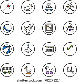 line vector icon set - Magic wand vector, duck toy, car, joystick, ball, dinosaur, game console, baby carousel, beach, wirligig, piano, windmill, bus, Tic tac toe