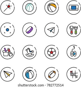 line vector icon set - Magic wand vector, basketball ball, game console, record button, tambourine, paper plane, shovel fork toy, bucket, rocking horse, soccer, yoyo, football, Tic tac toe