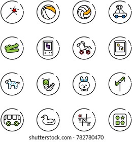 line vector icon set - Magic wand vector, ball, volleyball, car toy, crocodile, game console, wheel horse, caterpillar, rabbit, windmill, bus, duck, Tic tac toe, cube hole
