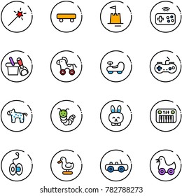 line vector icon set - Magic wand vector, skateboard, sand castle, joystick wireless, shovel bucket, wheel horse, baby car, gamepad, toy, caterpillar, rabbit, piano, yoyo, duck