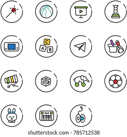 line vector icon set - Magic wand vector, basketball ball, presentation board, chess queen, game console, abc cube, paper plane, shovel bucket, xylophone, toy, elephant wheel, soccer, rabbit, piano