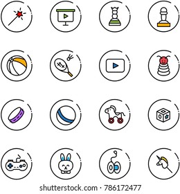 line vector icon set - Magic wand vector, presentation board, chess queen, pawn, ball, badminton, playback, pyramid toy, tambourine, wheel horse, cube, gamepad, rabbit, yoyo, unicorn stick