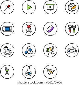 line vector icon set - Magic wand vector, play, presentation board, volleyball, game console, pyramid toy, tambourine, shovel fork, rocking horse, billiards balls, xylophone, gamepad, phone, yoyo
