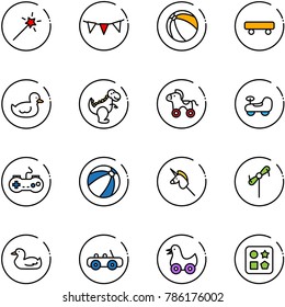 line vector icon set - Magic wand vector, flag garland, ball, skateboard, duck toy, dinosaur, wheel horse, baby car, gamepad, beach, unicorn stick, windmill, cube hole