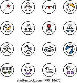 line vector icon set - Magic wand vector, cake man, flag garland, ball, volleyball, joystick wireless, pyramid toy, car, rocking horse, gamepad, beach, bus, monster, duck