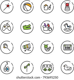 line vector icon set - Magic wand vector, ball, bucket scoop, pyramid toy, joystick, crocodile, shovel, rocking horse, stick, xylophone, caterpillar, piano, yoyo, windmill, bus, duck