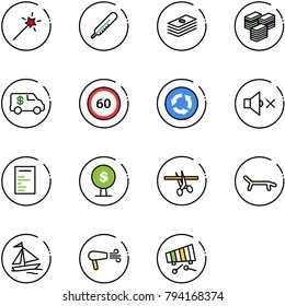 line vector icon set - Magic wand vector, thermometer, dollar, big cash, encashment car, speed limit 60 road sign, circle, volume off, document, money tree, opening, lounger, sail boat, dryer